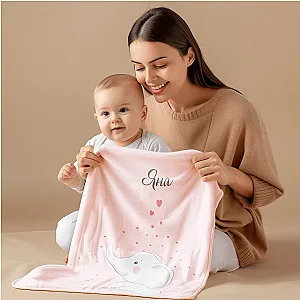 Λούτρινη Βρεφική Κουβέρτα με Όνομα - Ροζ Ελεφαντάκι